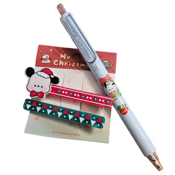 NWT Pochacco Christmas Holiday Hair Clips and Pen - Picture 1 of 3